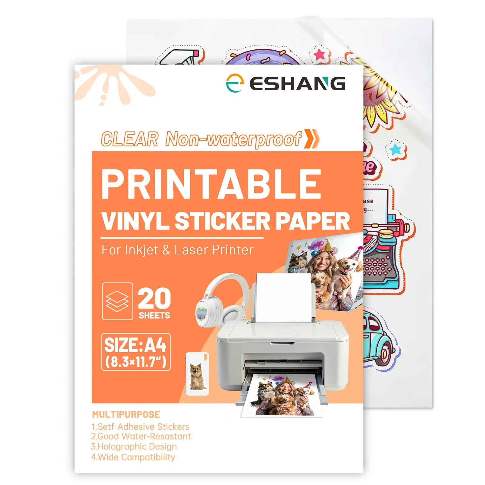 ESHANG 20 Sheets A4 Size Clear Printable Sticker Paper for Inkjet Printer, 8.3x11.7 Vinyl Transparent Sticker Paper, Dries Quickly Vivid Colors Decal Paper,Tear Resistant for DIY Stickers & Decals, Craft Project Supplies