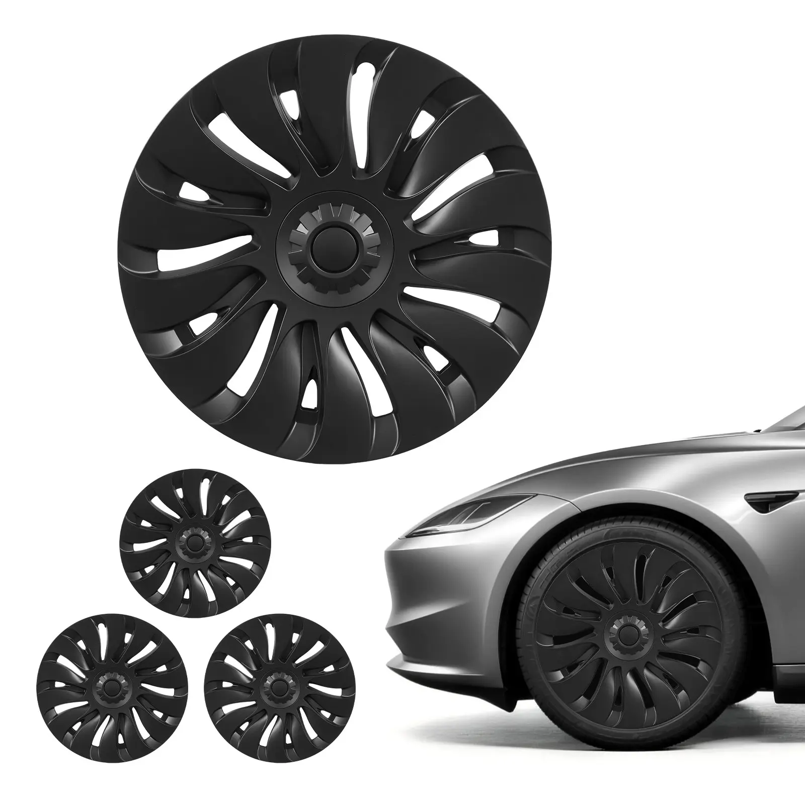 VEVOR 19-Inch 14-Spoke ABS Plastic Hubcaps, 4-Piece OEM-Style Snap-On Wheel Covers for 2021-2024 Tesla Model Y R19 Wheels, Matte Black Replacement Rim Caps