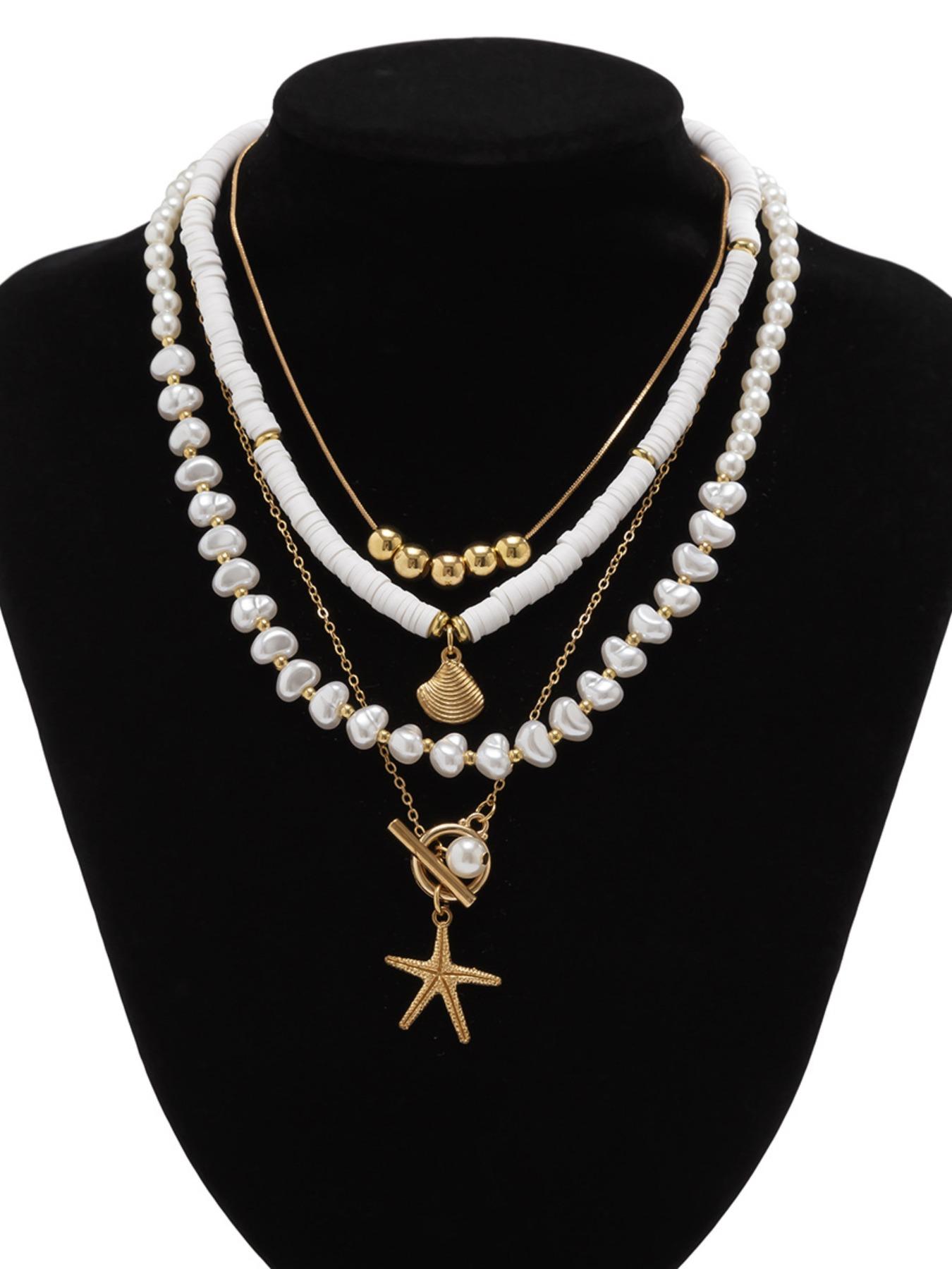 4-piece Boho Style Faux Pearl & Starfish & Shell Decor Necklace, Fashion Summer Style Jewelry for Party, Daily Clothing Decor, Trendy All-match & Exquisite Jewelry for Birthday Gift, Trendy Charms Necklace, Beaded Necklace, Daily Wear Necklace