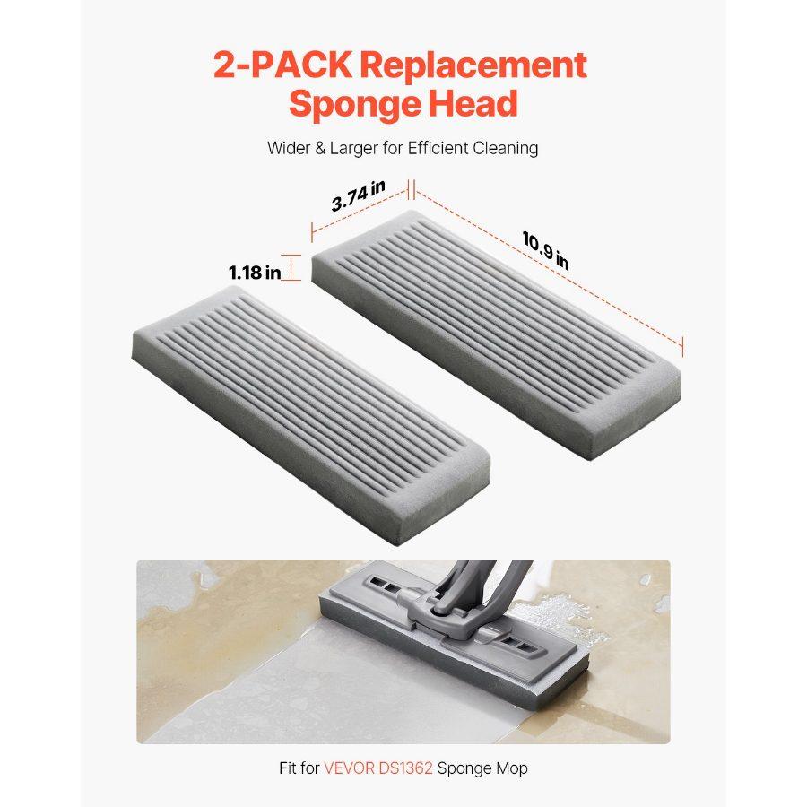 VEVOR Sponge Mop Replacement, 2-Piece, High Density Wider PU Sponge Mop Head Replacement with Hook Loop, High Absorbency Head Replacement for VEVOR DS1362 Sponge Mop, Fit for Various Floors