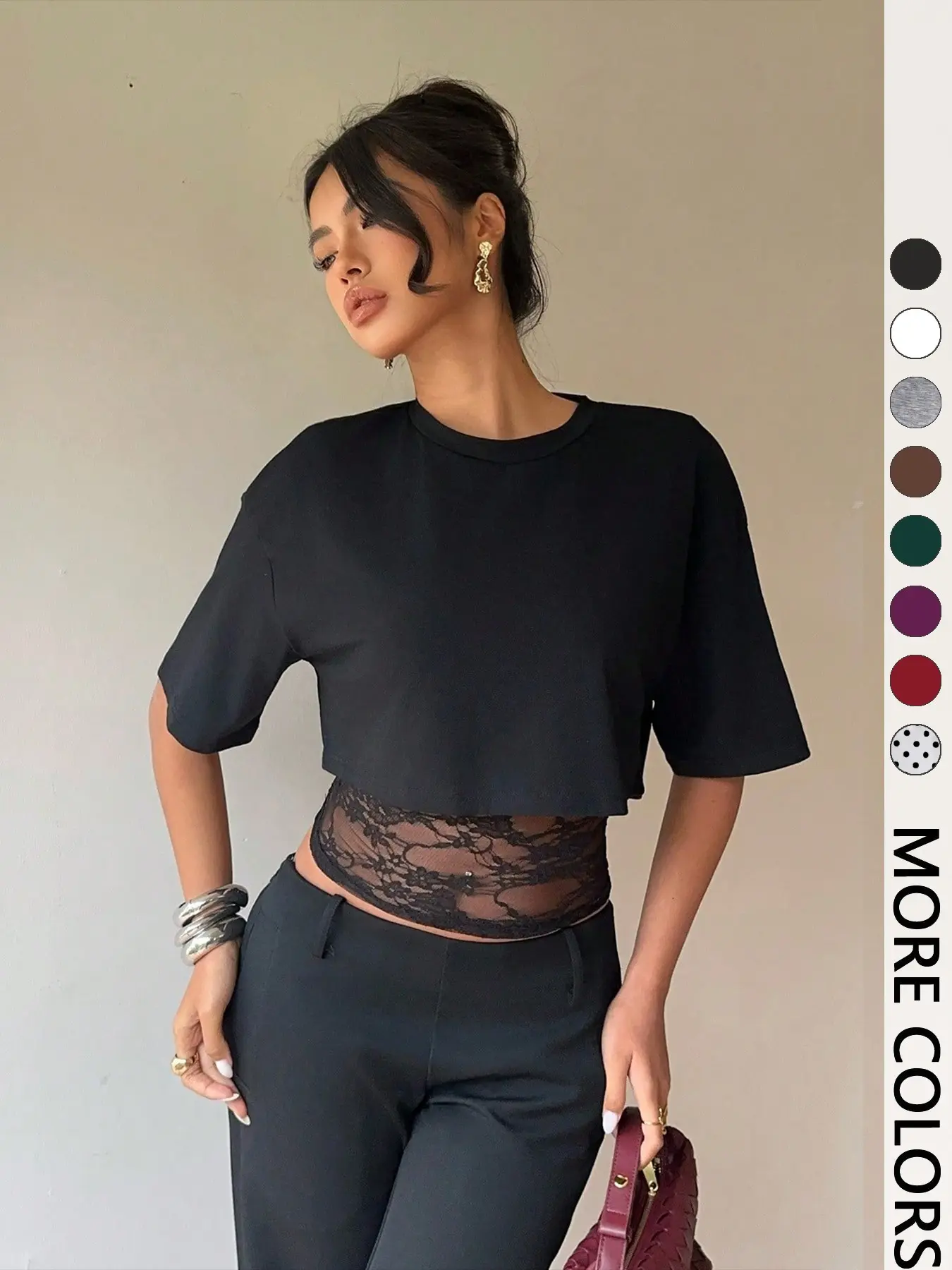 Short Lace Patchwork T-Shirt, Loose Fit Slimming Layered Set, Sexy Daily Commute for Women, Fashionable and Comfortable