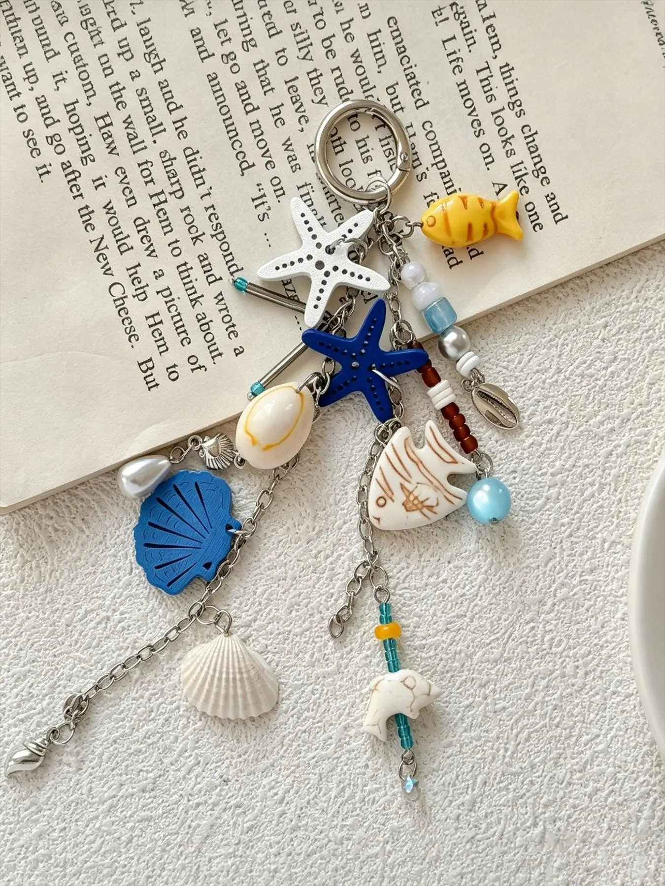 Ocean Style Keychain Set, Starfish Shell & Fish Bead Charms, Cute Printed Multi-Piece Key Rings, Practical Daily Accessories