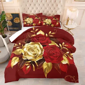 Light Luxury Red Gold Rose Pattern Comforter Set, Vintage Wine Red Bedding Set, Includes 1 Comforter And 1 Or 2 Pillowcases (Excluding Pillow Core), Suitable For Teenagers And Adults, Bedroom, Apartment, Guest Room, Dormitory Scenes