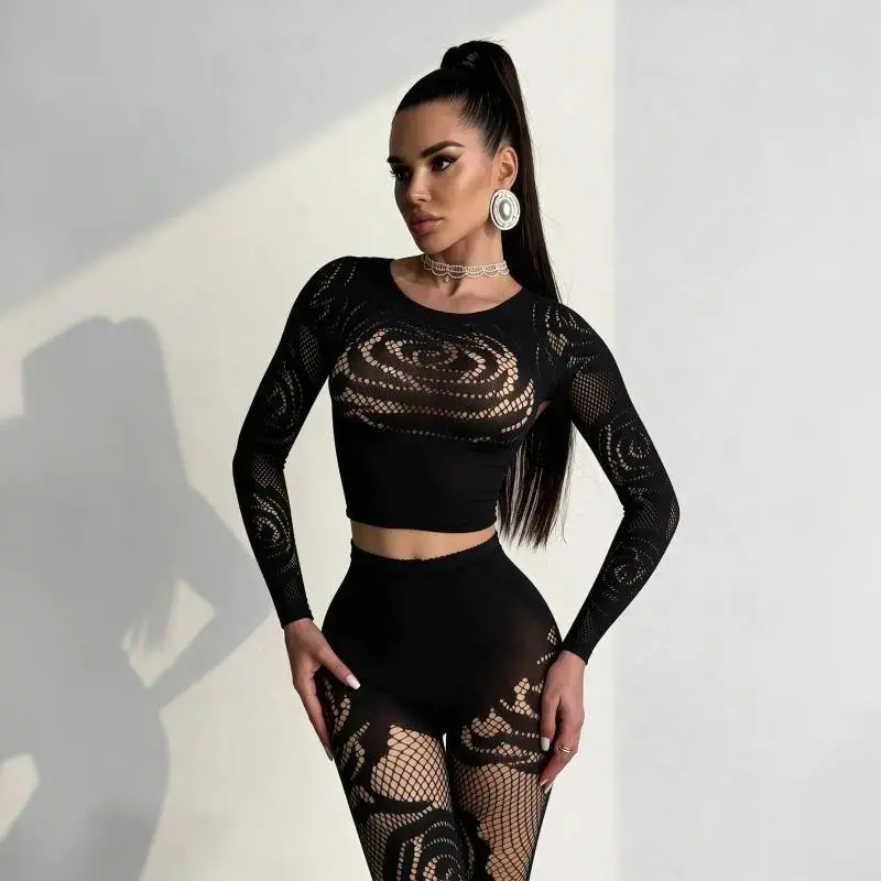 Rose Fishnet High Stretch 2-Piece Outfit, Long Sleeve Mesh Top with Skinny Pants, Elastic See-Through Matching Set for Nightclub Daily Fashion Matching