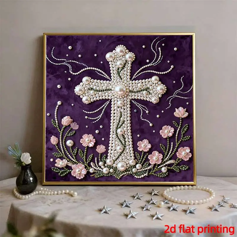 2026 New Pearl Painting, Cross and Flower Theme, Frameless DIY Diamond Painting Kit, Bedroom Decor, Living Room Wall Art, Creative Gift