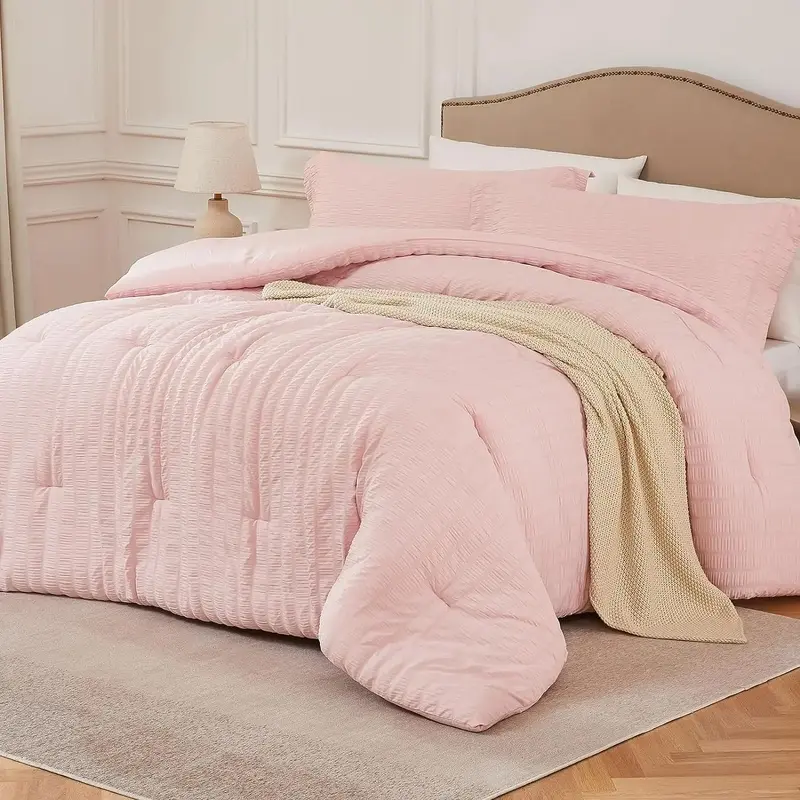Twin Twin XL Comforter Set Pink Seersucker Bedding Soft Fluffy Lightweight Comforter with Pillowcase for Dorm Bedroom Decor