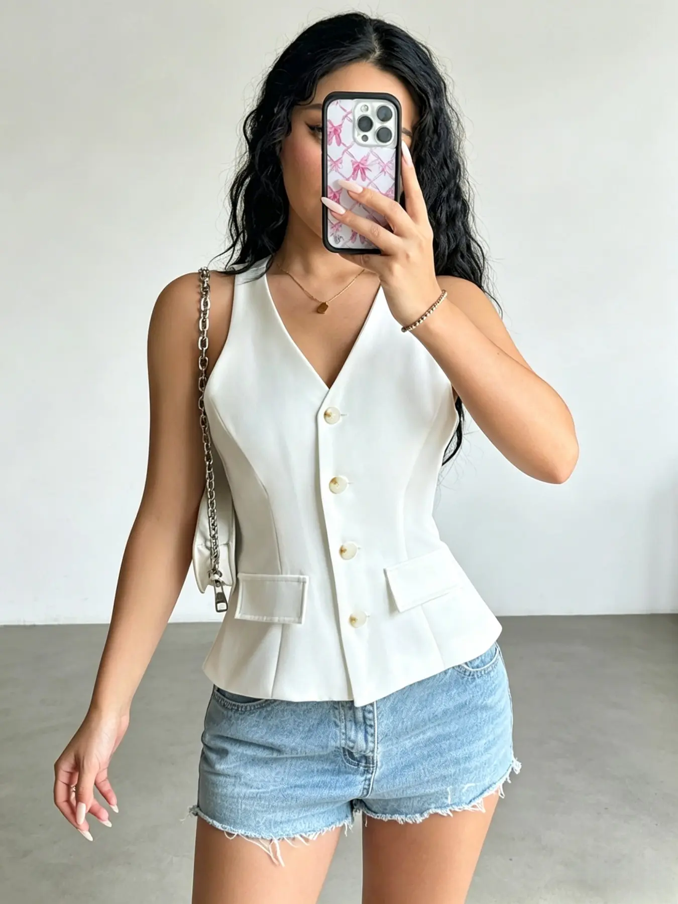 White Halter V Neck Waistcoat Vest, Casual Waistcoat, Single Breasted Pocket Sleeveless Fitted Blazer Top Women Slim Fit Button Front Padded