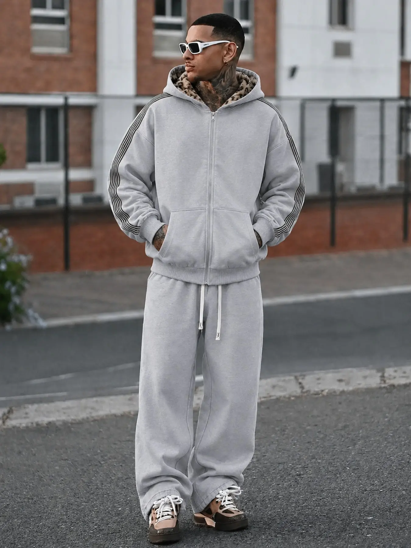 Baggy Heavyweight Lounge Casual Tracksuit Men - Vintage Contrast Leopard Print Lining Zip Up Hooded Sweatshirt & Saggy Wide Leg Pants Set for Skater Vibe Street Outfits