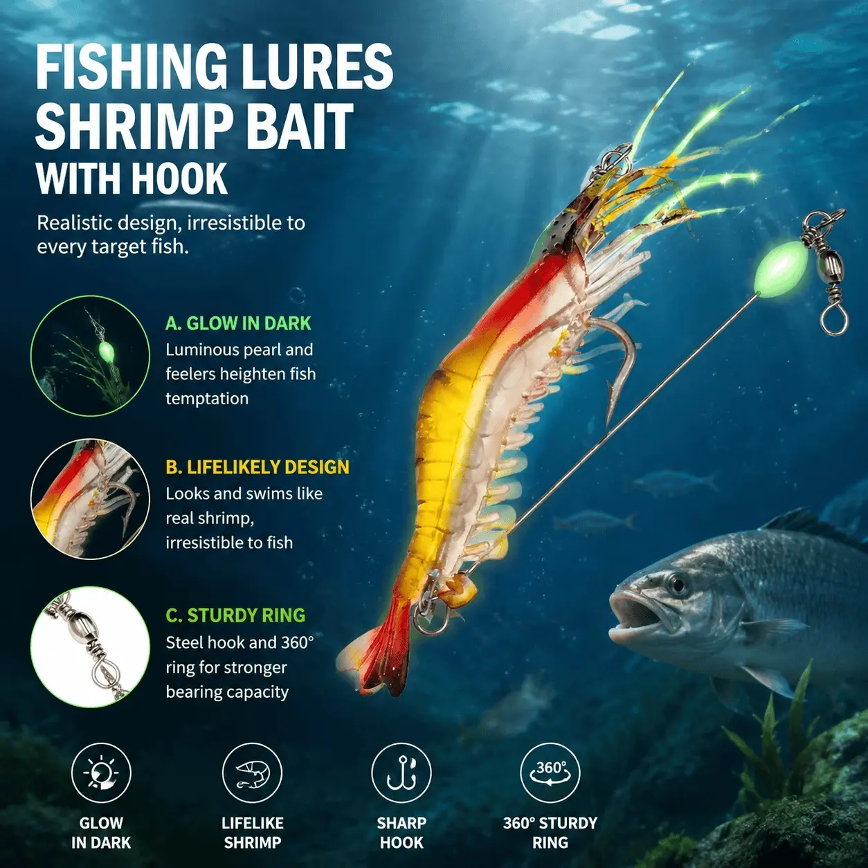 Glow in The Dark Soft Plastic Lure with Treble Hook for Bass Trout Fishing, Glowing Bait Long Afterglow Fluorescent Tangle-Free Freshwater Saltwater Eco-Friendly Material, Artificial Fishing Lures