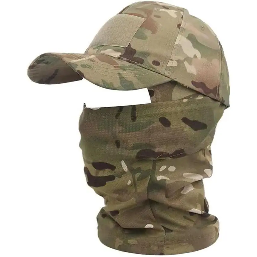 Camouflage Cap and Full Face Mask Set - Thick Dome Quick-Dry Cap, Seamless Edge Breathable Balaclava for Hiking Outdoor Wear, Unisex