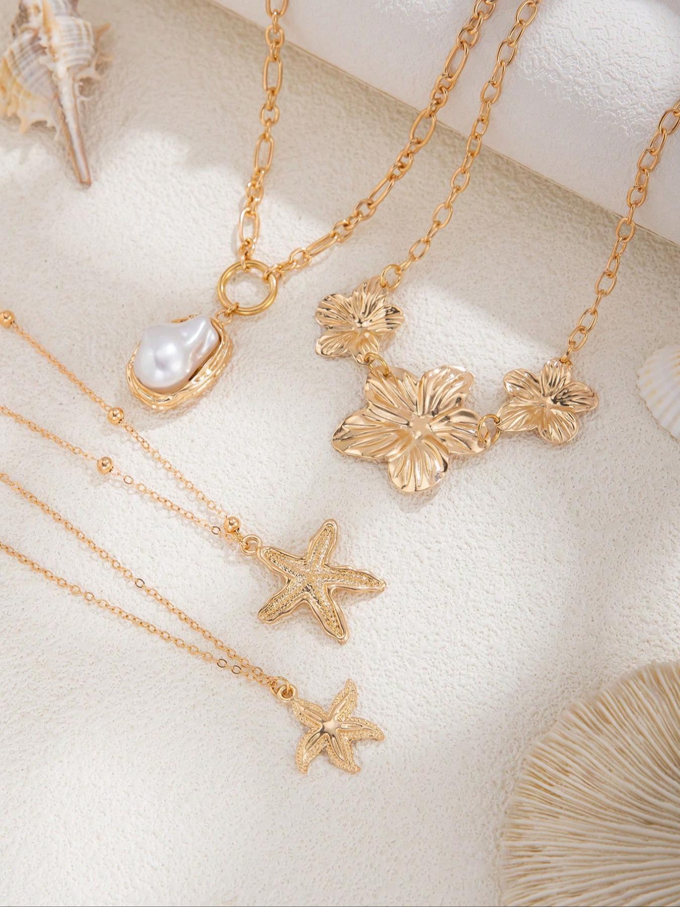 4 Piece Set Women's Vintage Creative Elegant Fashion Metal Flower Baroque Imitation Pearl Necklace, Ocean Style Starfish Pendant Layered Necklace Set Modern Versatile Accessories