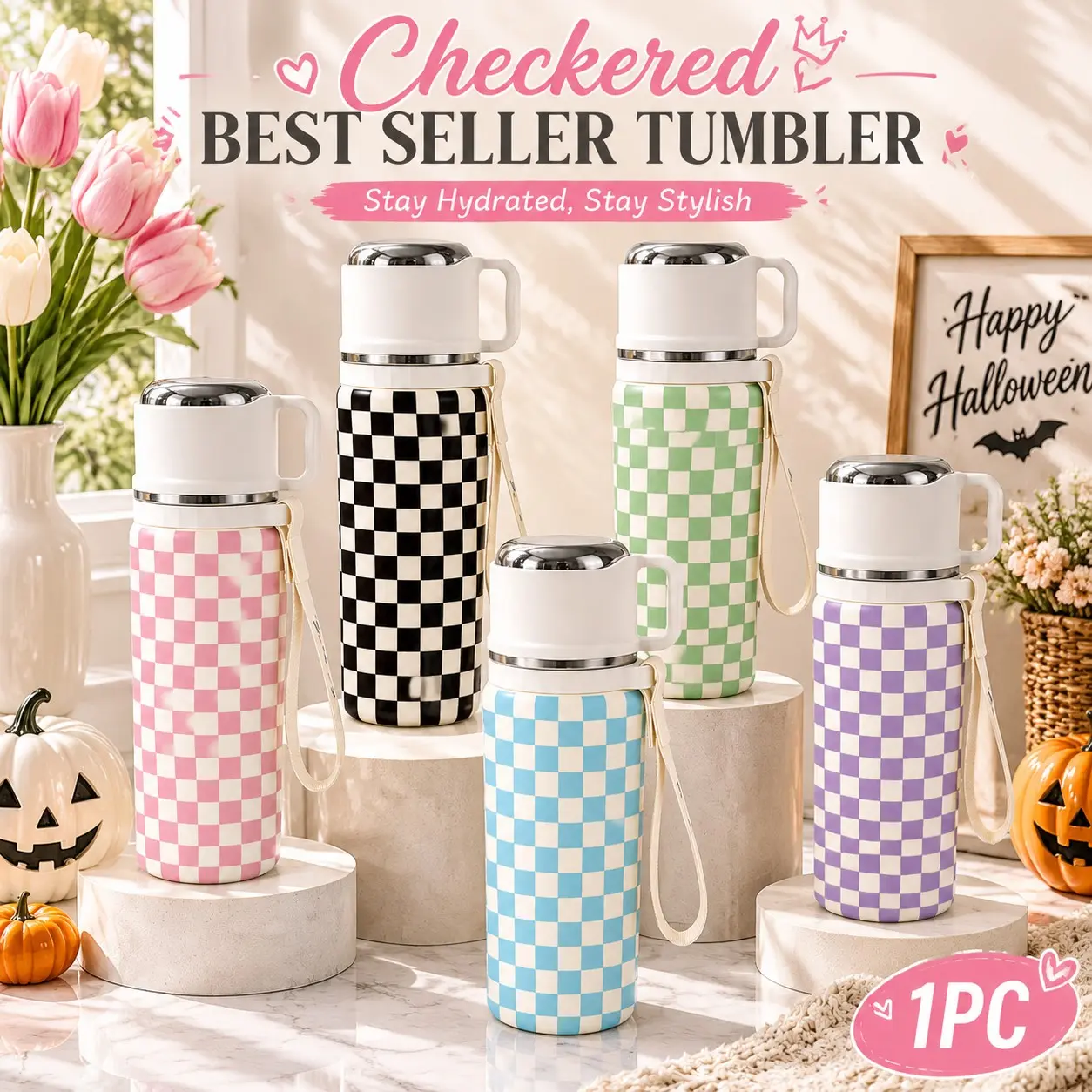 1 Pc 20oz Checkered Insulated Stainless Steel Travel Cup, Double Wall Vacuum Water Bottle, Cute Aesthetic Checkerboard Design, Leakproof Lid, Cup Holder Friendly, Back to school season, Halloween Coffee Cup for Daily Use, Office, School, Travel & Gift