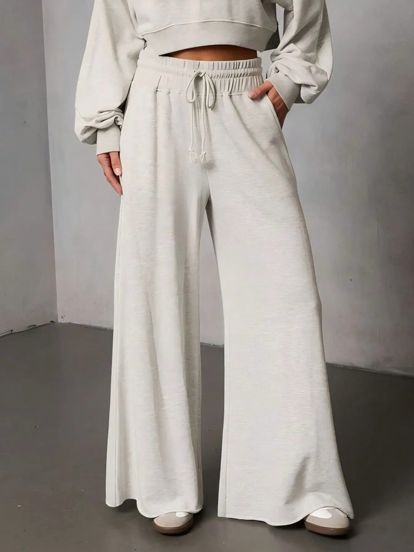 Women's Drawstring High Waist Wide Leg Sweatpants, Solid Color Loose Fit Casual Long Pants, Side Pocket Home Daily Sports Pants