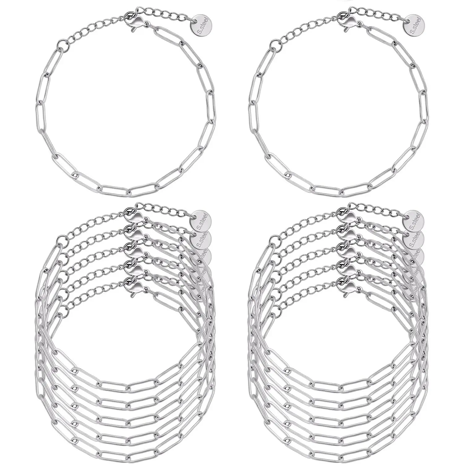 12 Pack Paperclip Chain Bracelets, Classic Stainless Steel Unisex Links for DIY Jewelry Making, Adjustable for Daily Wear, Paperclip Link