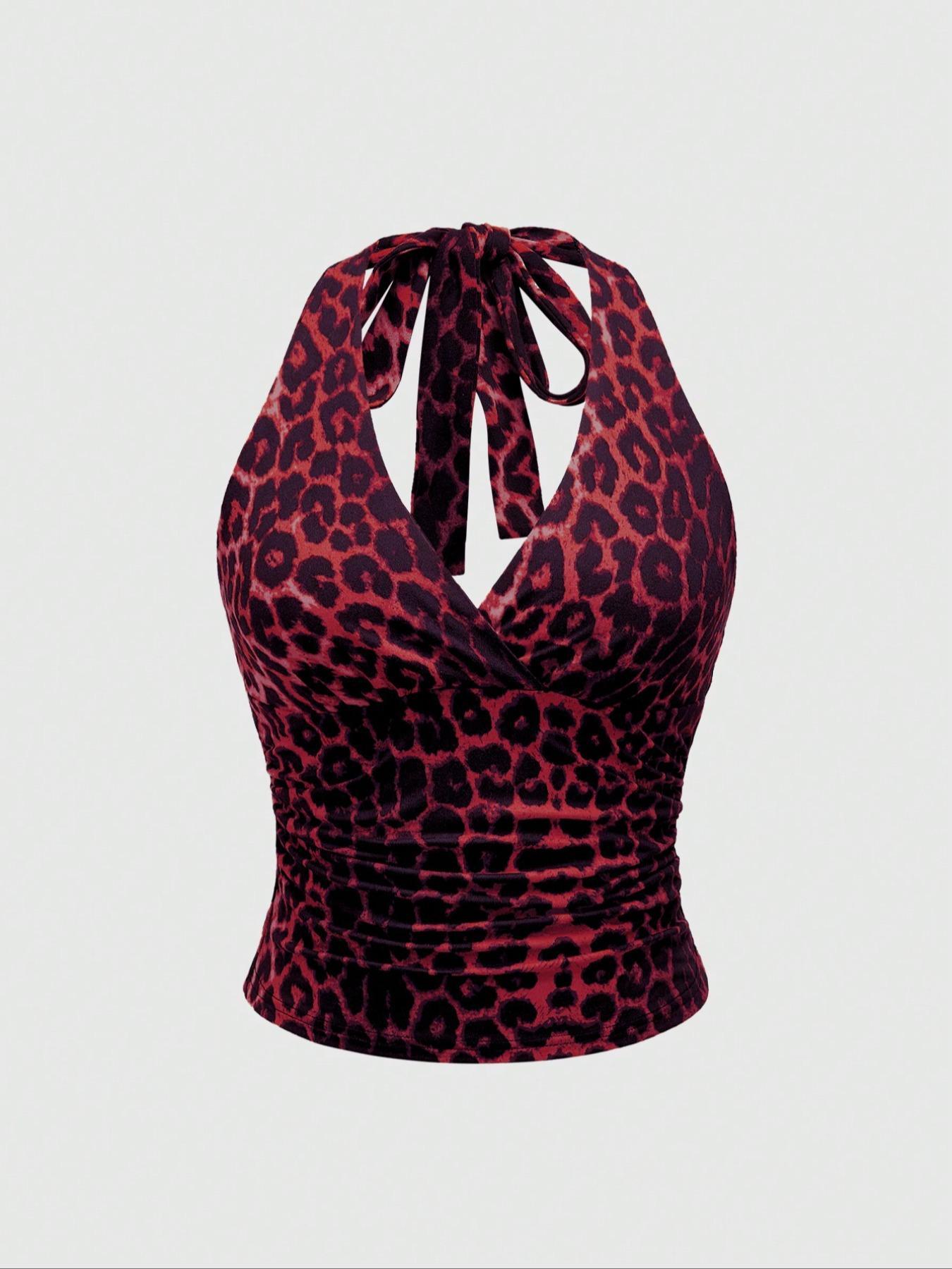 Women's Leopard Print Fitted Tie Back Feature Tank Top, Casual Sleeveless Top for Summer, Ladies Clothes for Daily Wear