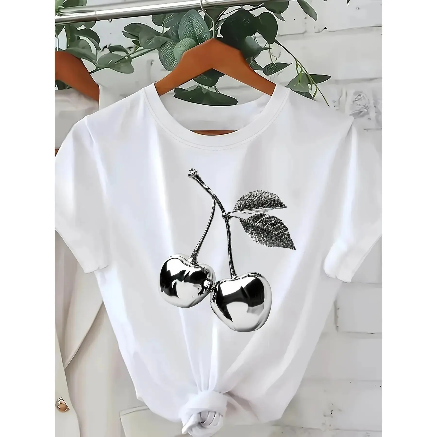 A Fresh And Modern Silver Cherry Pattern Printed Women'S Round Neck Short Sleeve T-Shirt for Spring And Summer