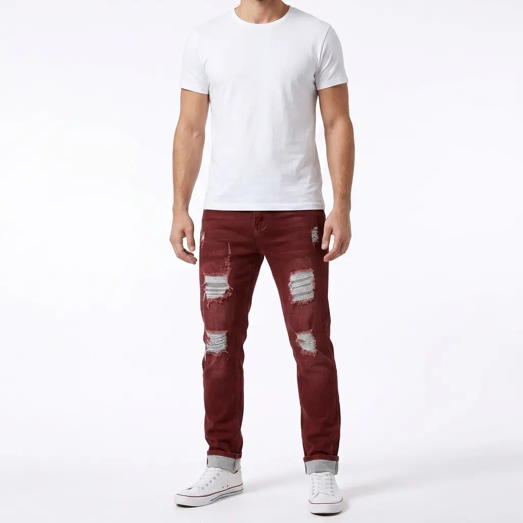Men's Slim Fit Ripped Distressed Denim Jeans, Grunge Aesthetic Soft Stretch Breathable Casual Pants, Plain Red & Beige