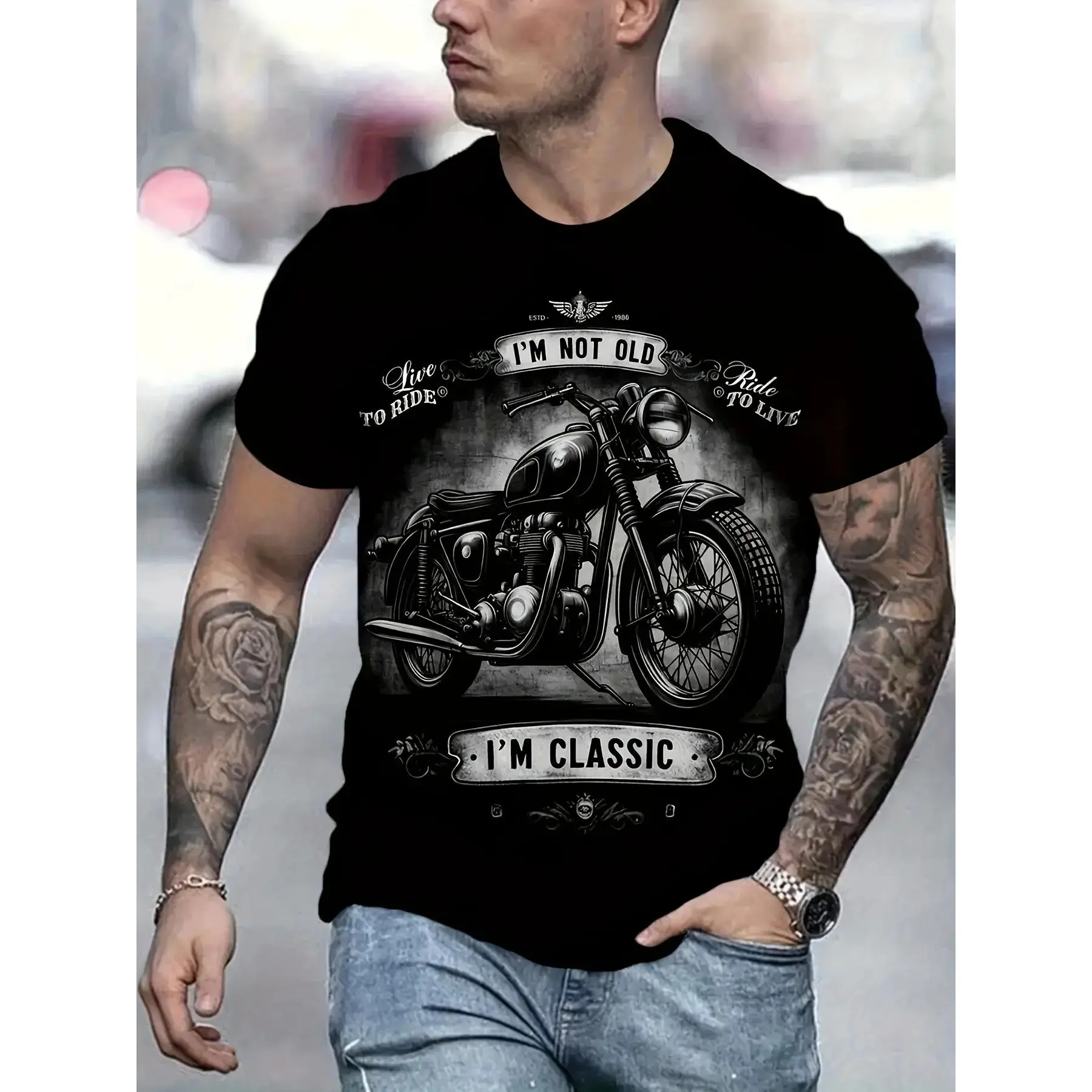 Men's Vintage Motorcycle Graphic T-Shirt - 3D Retro Biker Design with Classic Chopper & Motorcycle Slogans, Loose Fit Crew Neck Casual Tee for Motorcycle Enthusiasts, Father's Day Gift, Boyfriend Present, All-Season Comfort, Machine Washable, Stylish Summ