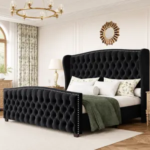 Modern Bed Frame with Wingback Headboard, Upholstered Bed Frame with Handmade Button Tufted & Nailhead, Wooden Slats Support/Luxury Bedroom Furniture/Queen/King/California King Size/Best Gift Ideas/Christmas Gifts