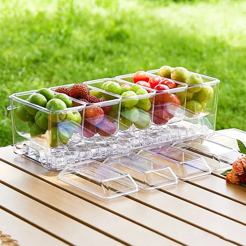 Chilled Condiment Containers with Lids, Plastic Taco Bar Serving Set for Party with 5 Containers, Ice Garnish Tray for Mimosa Bar Supplies, Clear Serving Platter for Fruit, Salad, Snack, Food Container, Food Storage