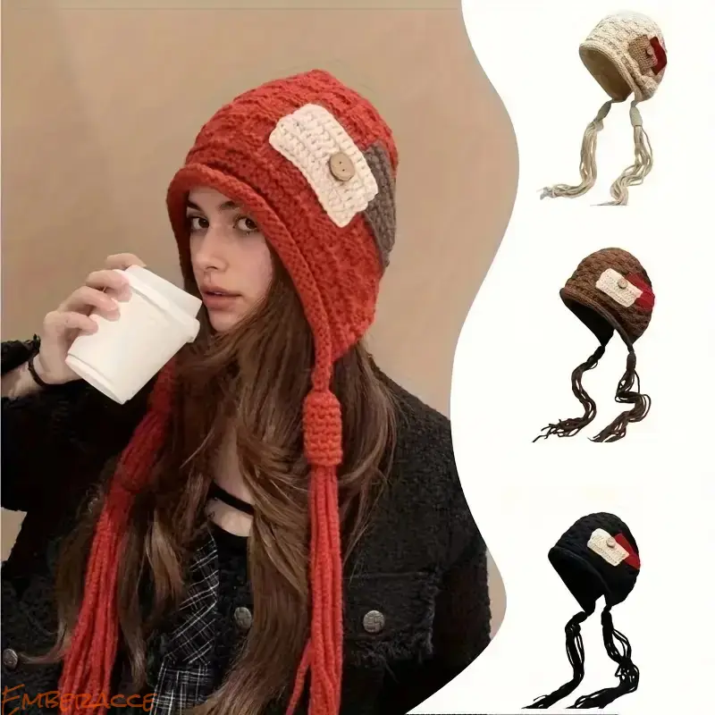 Women’s Winter Knit Hat with Ear Flaps, Fashion Peruvian Style Tassel Beanie Hat, Warm Lined Neck Warmer Scarf Hat with Windproof Full Ear Coverage, Soft Cozy Outdoor Cycling Ski Hat for Hiking Travel Cold Weather
