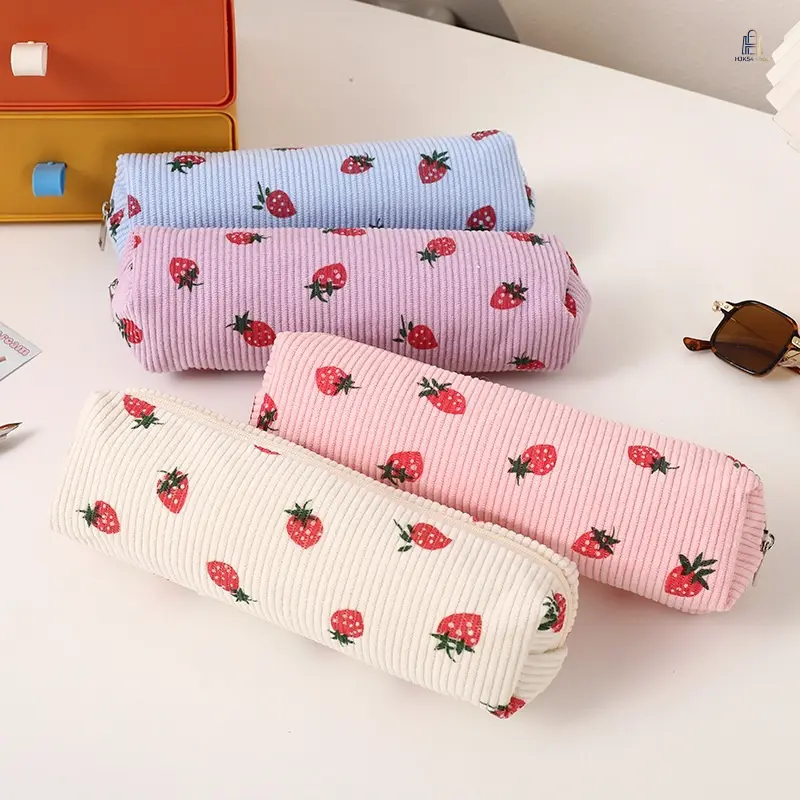 Pencil Case for Teens, Cute Soft Pouch with Fresh Floral Strawberry Print, Large-Capacity Pen Holder for School Use