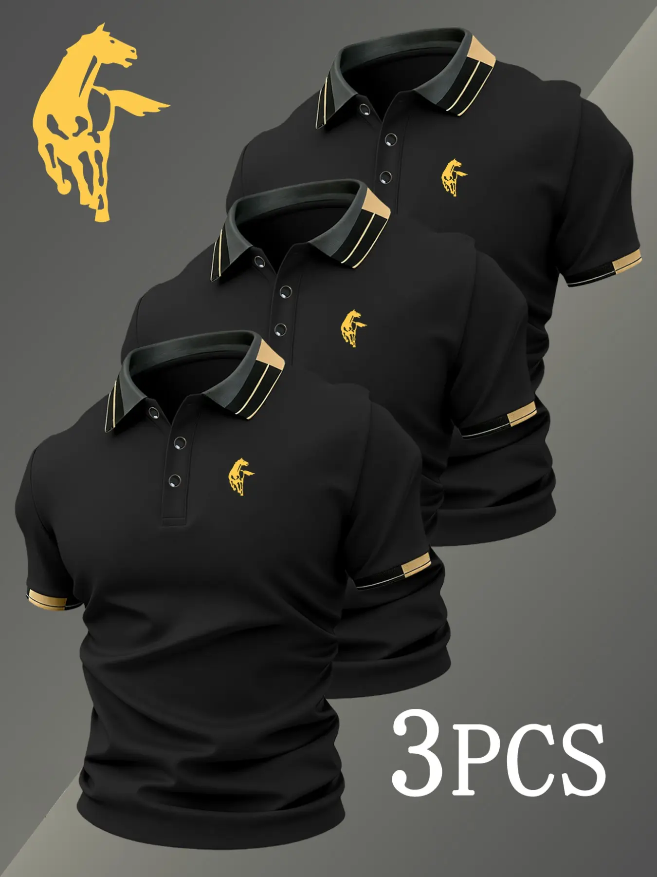 Men's Golf Classic Polo Shirt Set, 1064 Roman Horse Print, Collared Stretch Casual Breathable Four-Season Comfortable Durable High-End Polo Shirts