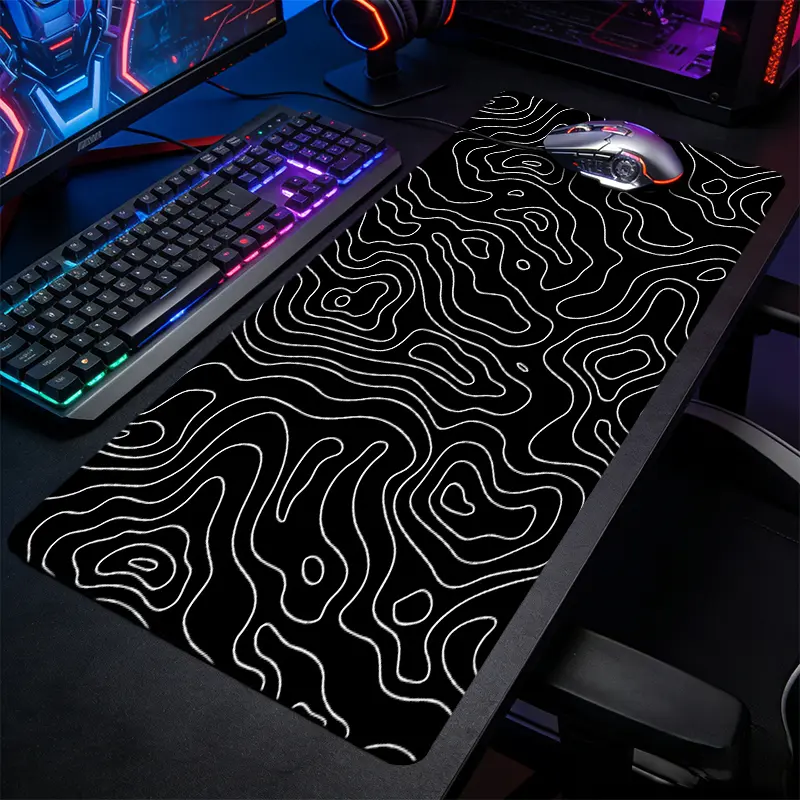 White Topographic Contour Line Large-Sized Gaming Mouse Pad, Abstract Wave Pattern Desktop Protection Pad, Anti-Slip Rubber Lock Edge High-Definition Printing, Suitable For Computers, Laptops, Offices, Homes, Schools, Great Gift For Family And Friends
