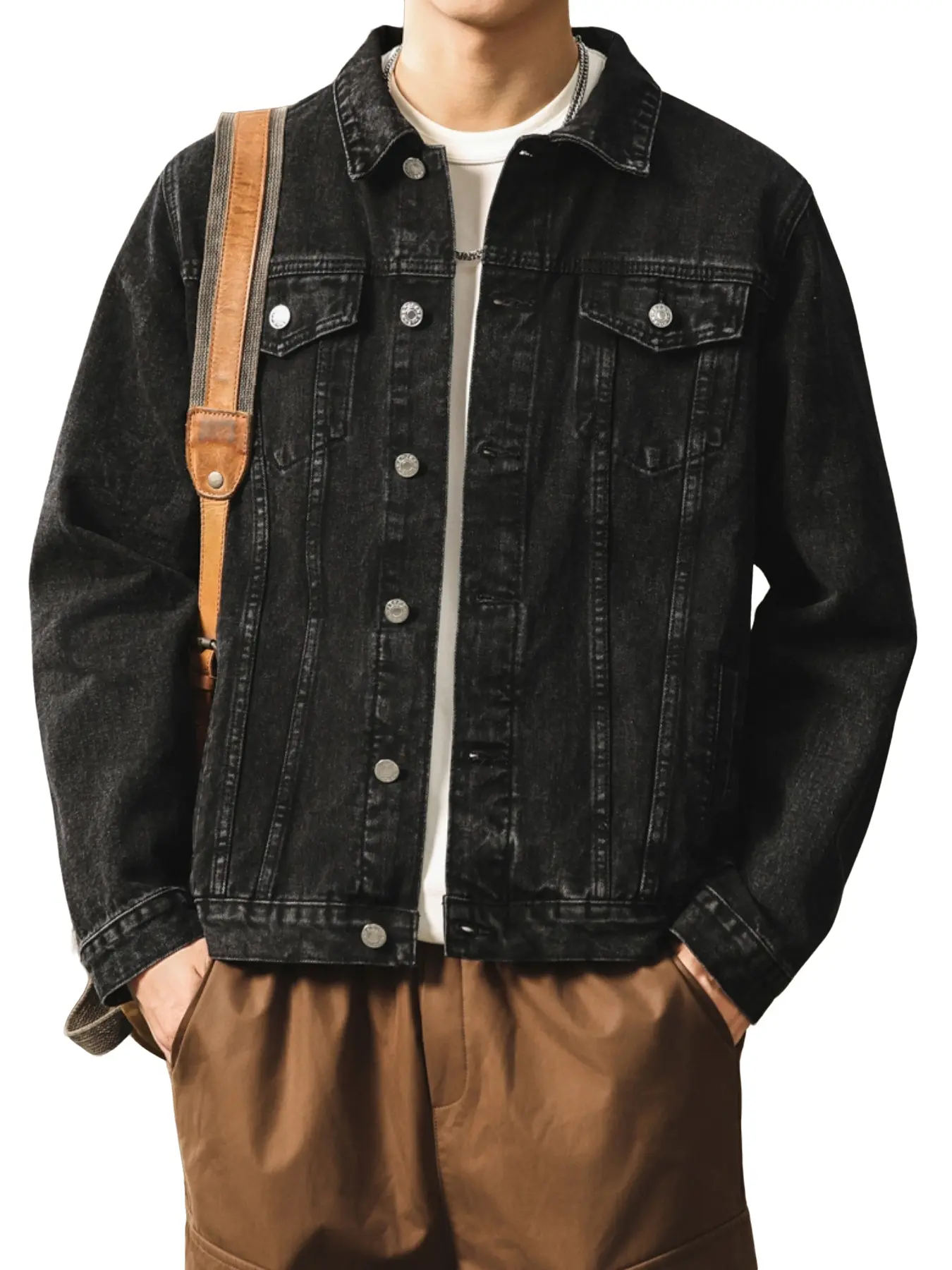 Men's Denim Jacket Simple Lapel Workwear Jacket, Comfortable Fashion Casual Top, Street Style Spring & Fall Long Sleeve Button Closure