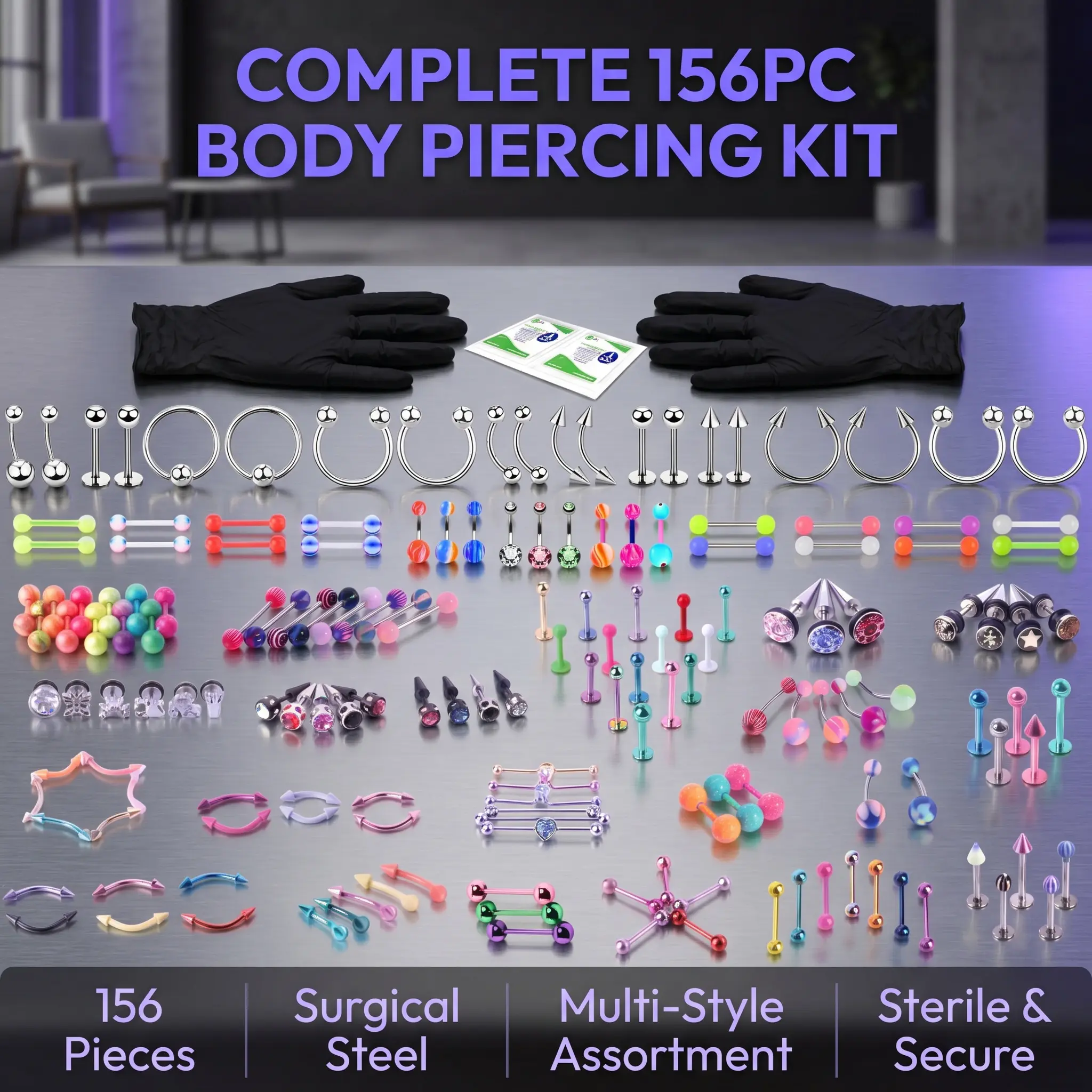 156PC Body Piercing Kit with  Belly Button Ring Nose Septum Tragus Cartilage Industrial - Horseshoe Hoop Barbell Labret Stud - 14G 16G 18G 20G Random Mix Body Jewelry