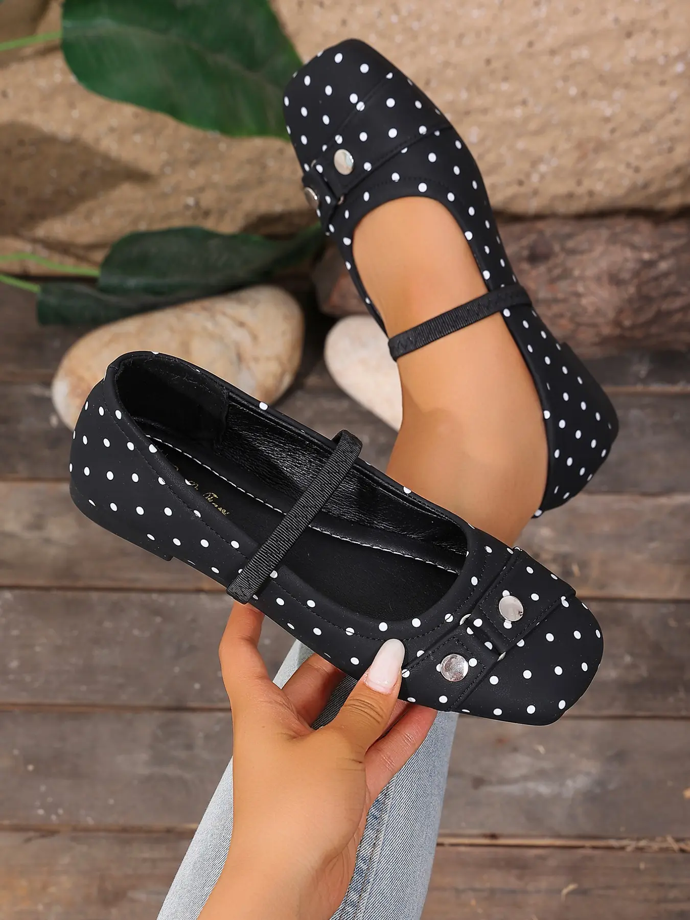 Dot Elastic Classic Mary Jane Flat Shoes, Square Toe Soft Sole, French Style Versatile Shoes, Commute Campus Date Outerwear, Two-Tone Women's Shoes