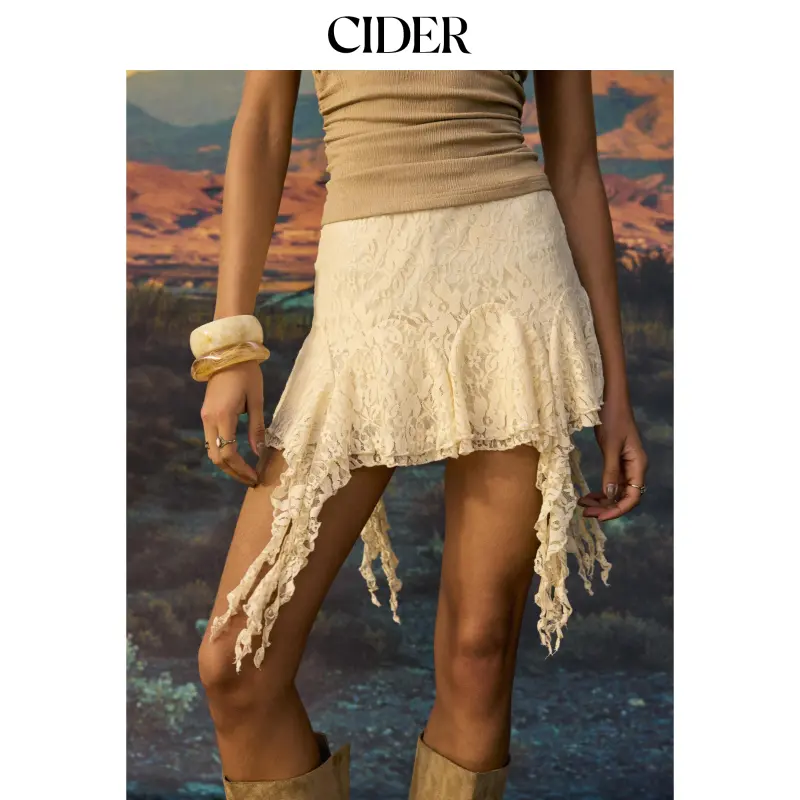 Cider Lace Low Rise Asymmetrical Hem Ruffled Flared Mini Skirt
