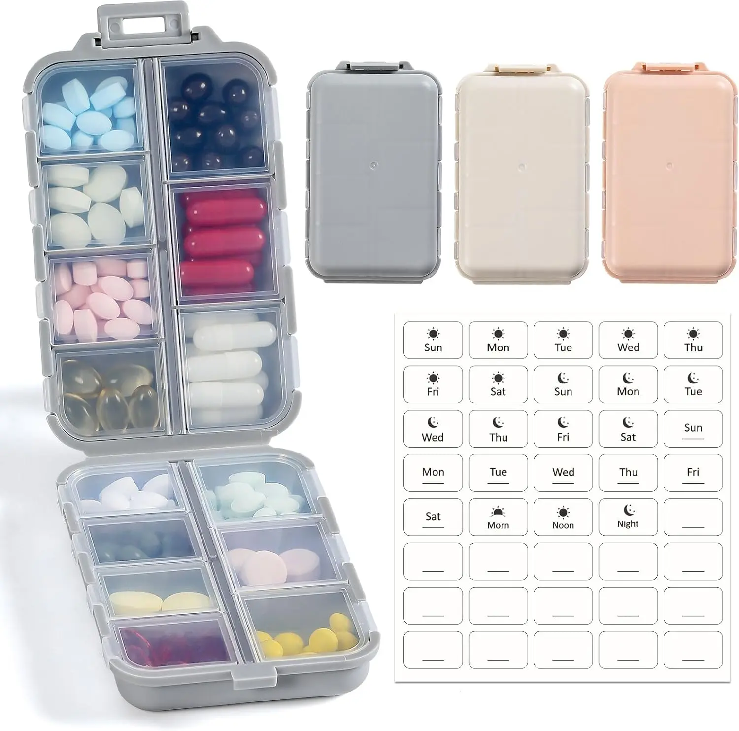 BPA-Free Food Grade Plastic Pill Organizer, 3-Pack 14-Grid Safe Storage Case with White Labels for Capsules, Health Supplements, Portable Home/Travel Organizer (Home Supplies Storage Box)