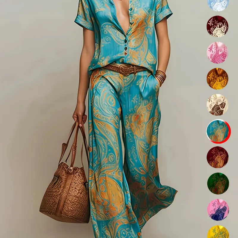 Casual Vacation Style Geometric Print Collared Shirt Top & Pocket Straight Leg Pants Set, Summer Matching Set, No Belt Included, Perfect for Daily Wear and Outdoor Activities, Chic