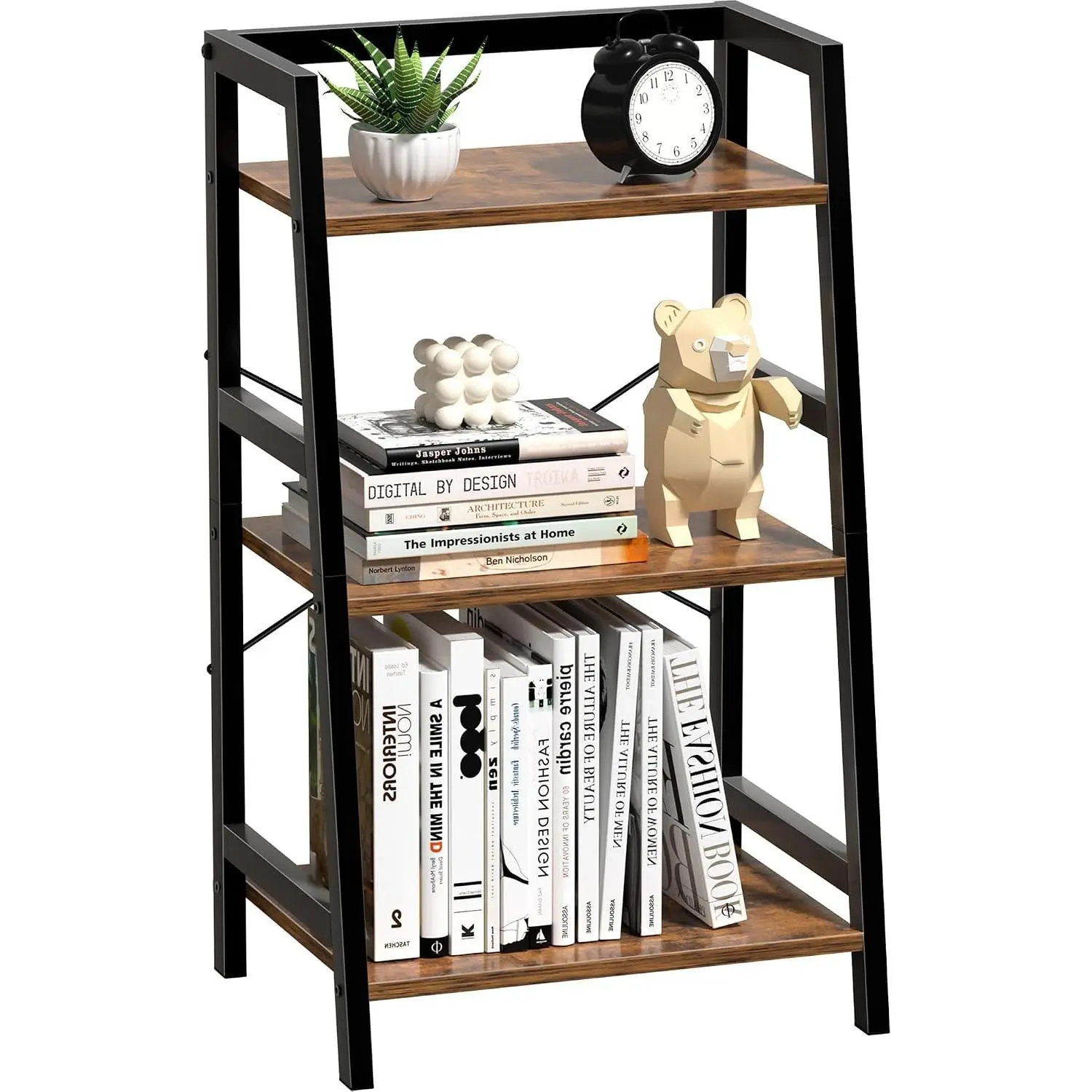 3-Tier Bookshelf, Ladder Shelf for Small Spaces, Industrial Short Bookshelf, Small Bookcase for Living Room, Bedroom, Home Office, Kitchen, 11.8 "D x 16.5" W x 31.3 "H, Rustic Brown