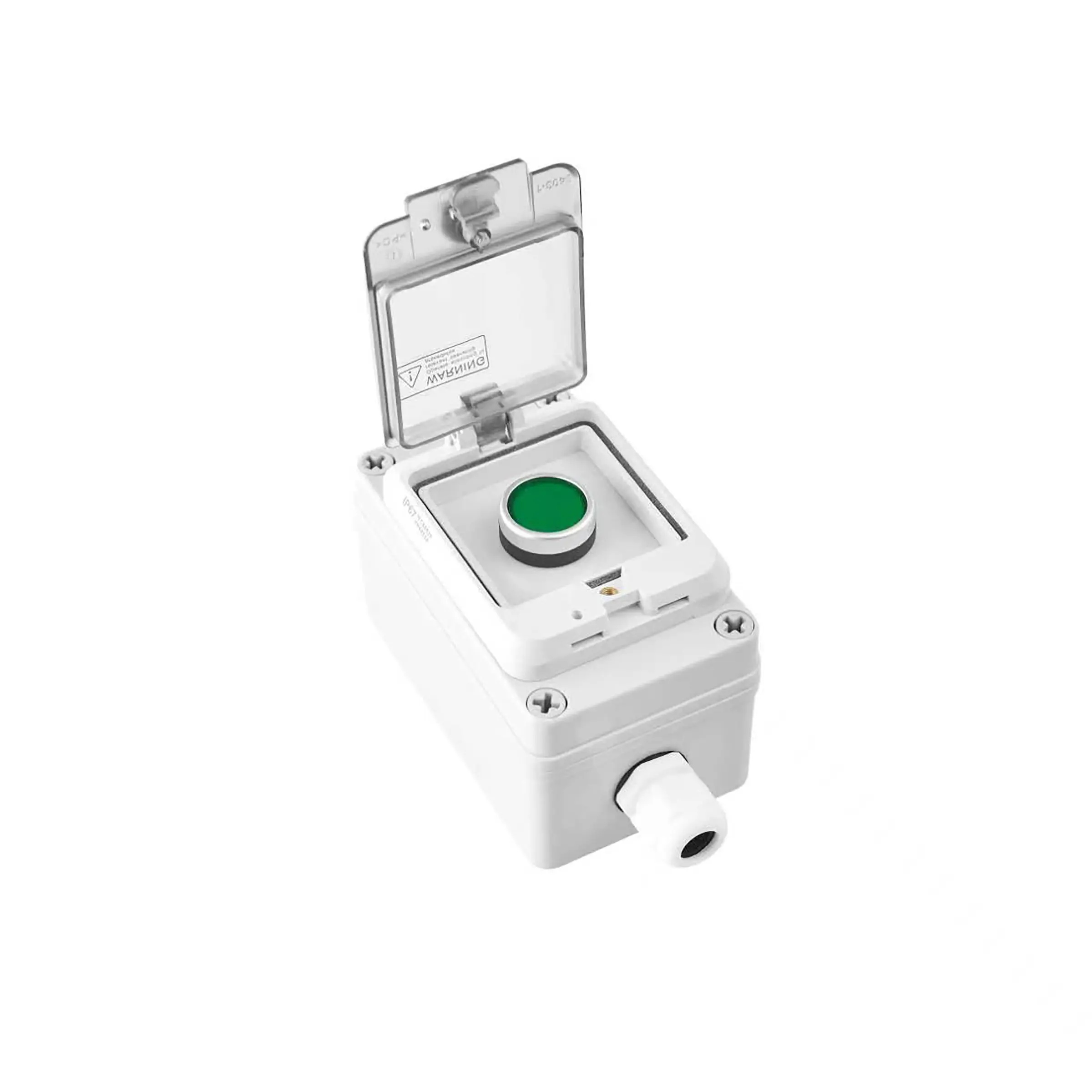 Green Start Push Button Station Box 22mm IP65 Cover for Industrial Control Green momentary start button, 22mm IP65 station box w/ transparent cover, screw terminals, for CNC & DIY control gear