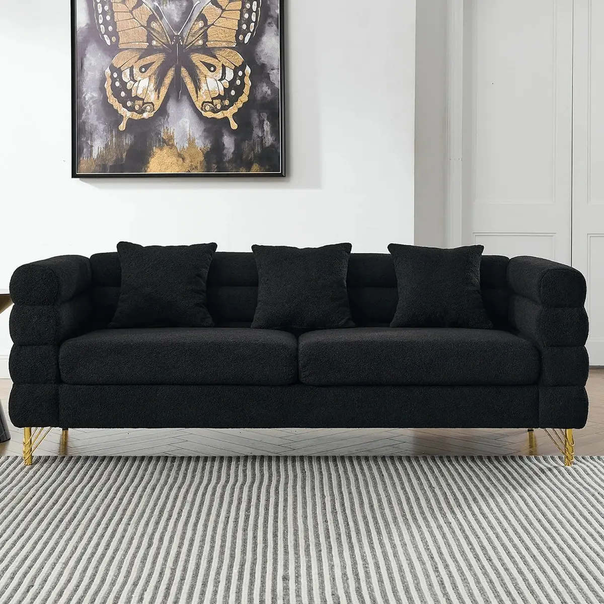 Comfy 3 Seater Sofa, 81-Inch Oversized Boucle Couch With Deep Seat Design, Upholstered Sofa Couch With 2 Pillows, Modern Living Room Sofa With Stylish Metal Legs For Office, Waiting Room