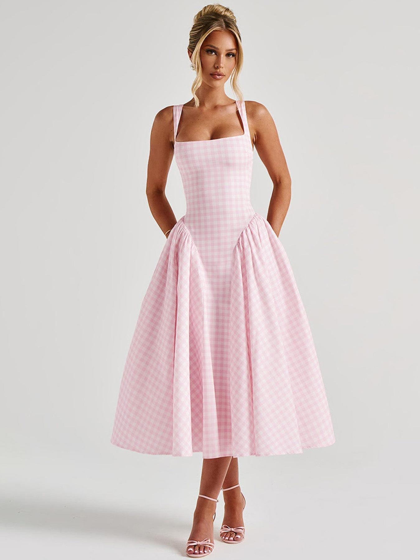 Women's Gingham Print  Square Neck Tank Dress, Chic Fashion Casual Sleeveless A Line Dress for Daily Outdoor Wear, Ladies Dress for Summer