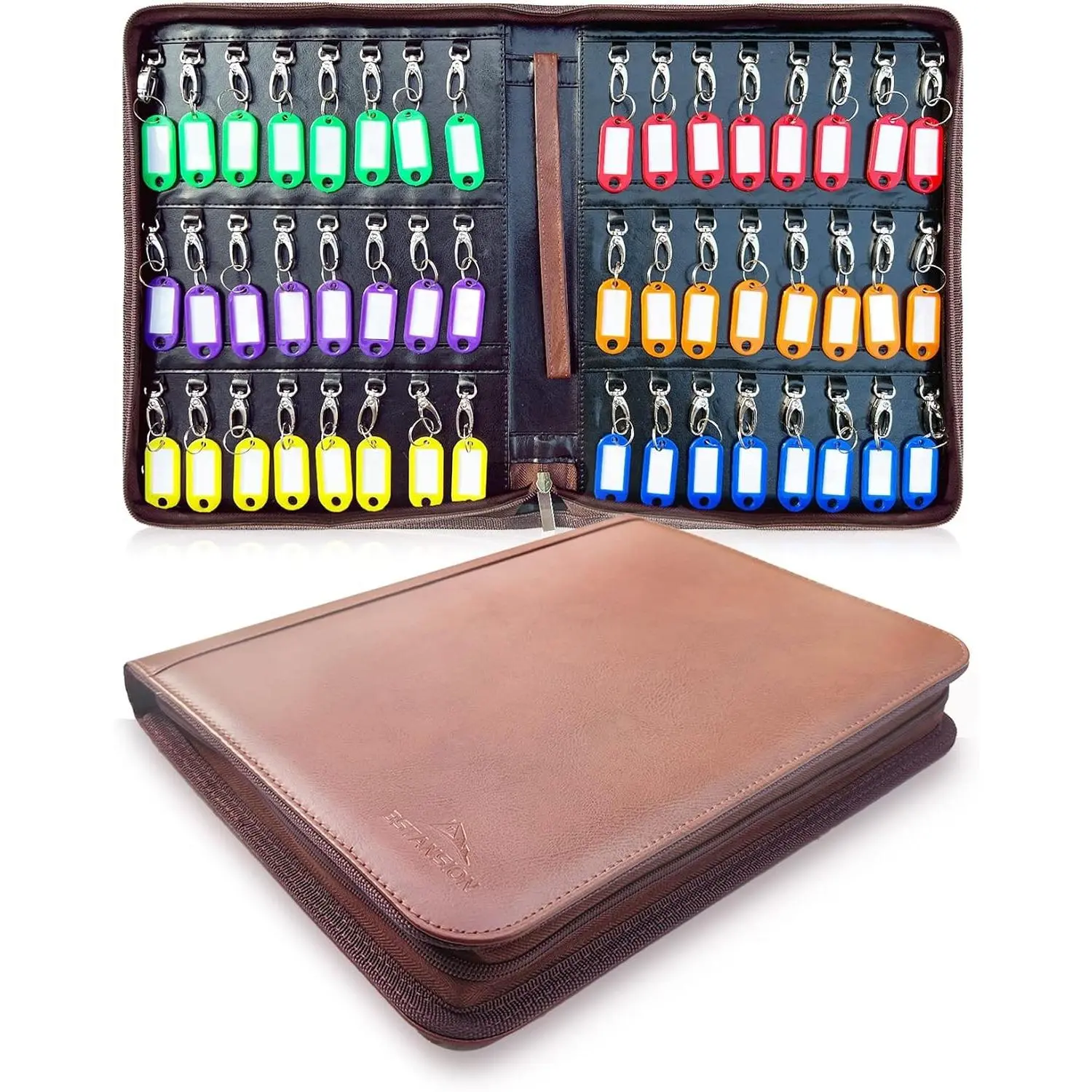Portable Zippered Leather Key Organizer Box with 48 Key Hooks and Tags, Key Storage Holder for Apartment Manager Landlord, Real Estate Sales, Hotels and Car Service