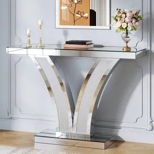 Mirrored Console Table, Modern Sliver Entryway Sofa Table With Crystal Inlay Frames For Living Room, Hallway, Foyer