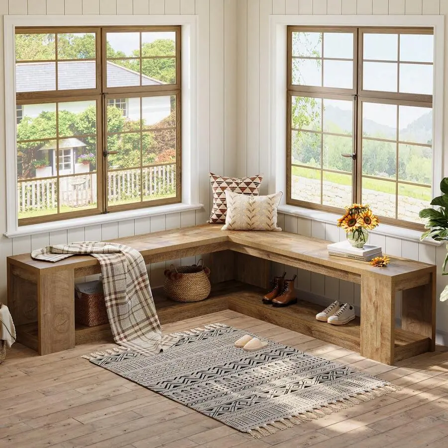 L Shaped Corner Bench With Storage, Farmhouse Breakfast Nook Wooden Backless Bench For Entryway, Dining Room, Living Room, Cloakroom, Brown, No Cushion,decor,,,,style,,labor,day,