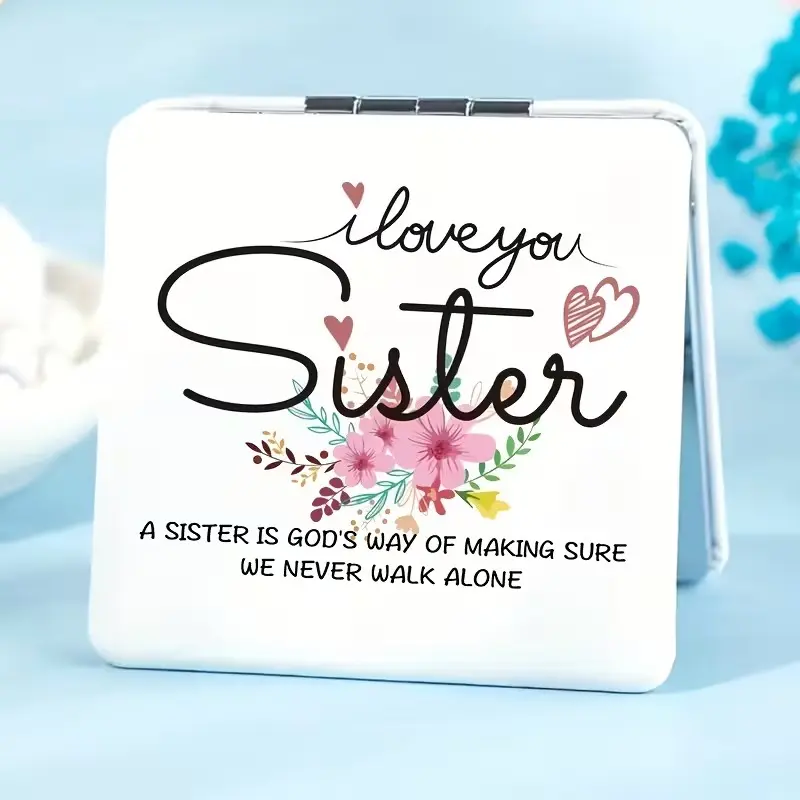 Portable Folding Mirror, Single-Sided Print, Rectangular Design, Floral and Heart Patterns, Polished Glass, Ideal Gift for Women, Sisters, Friends