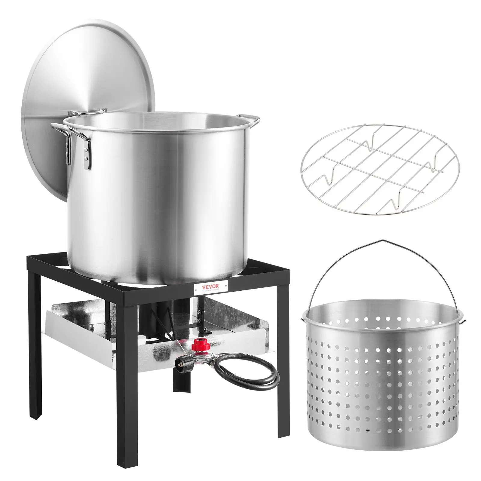 VEVOR 80Qt Size Multi-Use Seafood Boiling Kit, 74.45L Aluminum Stockpot with Strainer Basket, Steamer Rack, 100000 BTUs Propane Burner for Camping Crab Crawfish Lobster Outdoor Cooking