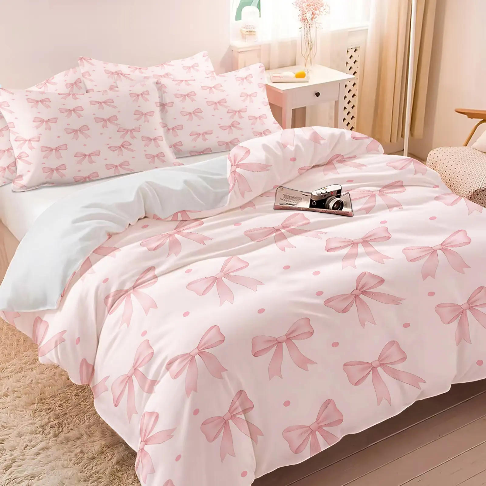 Pink Coquette Watercolor Bow Dot Duvet Cover Set, 1 Duvet & 1-2 Coreless Pillowcases, Wrinkle-Free Lightweight Cozy Hidden Zipper, Sweet Aesthetic Decor For Girls Ins Bedroom, Apartment, Dorm Room, Coquette Birthday Gift, Breathable Duvet Set