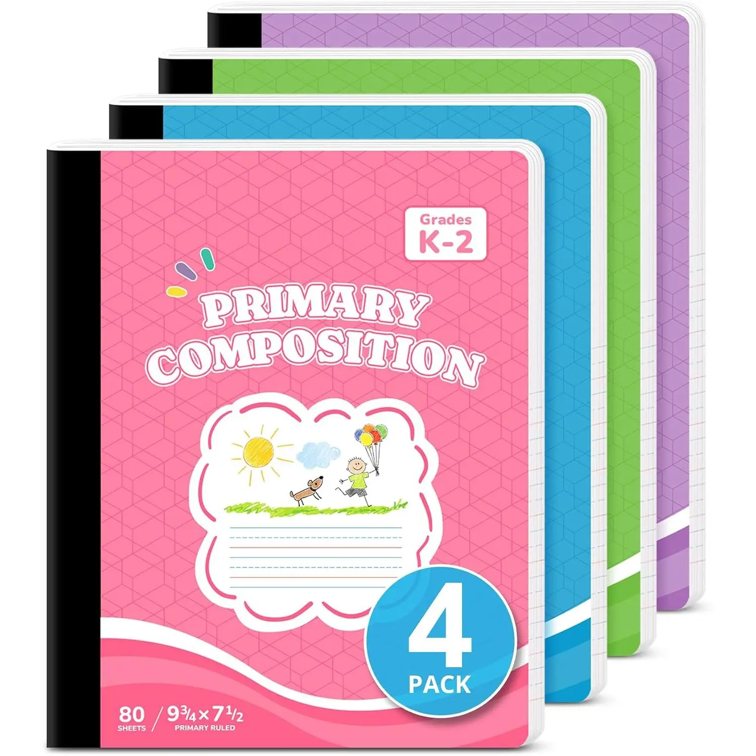 Primary Ruled Composition Notebook K-2, Cute Composition Notebook | 4 Pack 9-3/4" x 7-1/2", 160 Pages (80 Sheets), Pastel Primary Composistion Notebook  for School Office Supplies