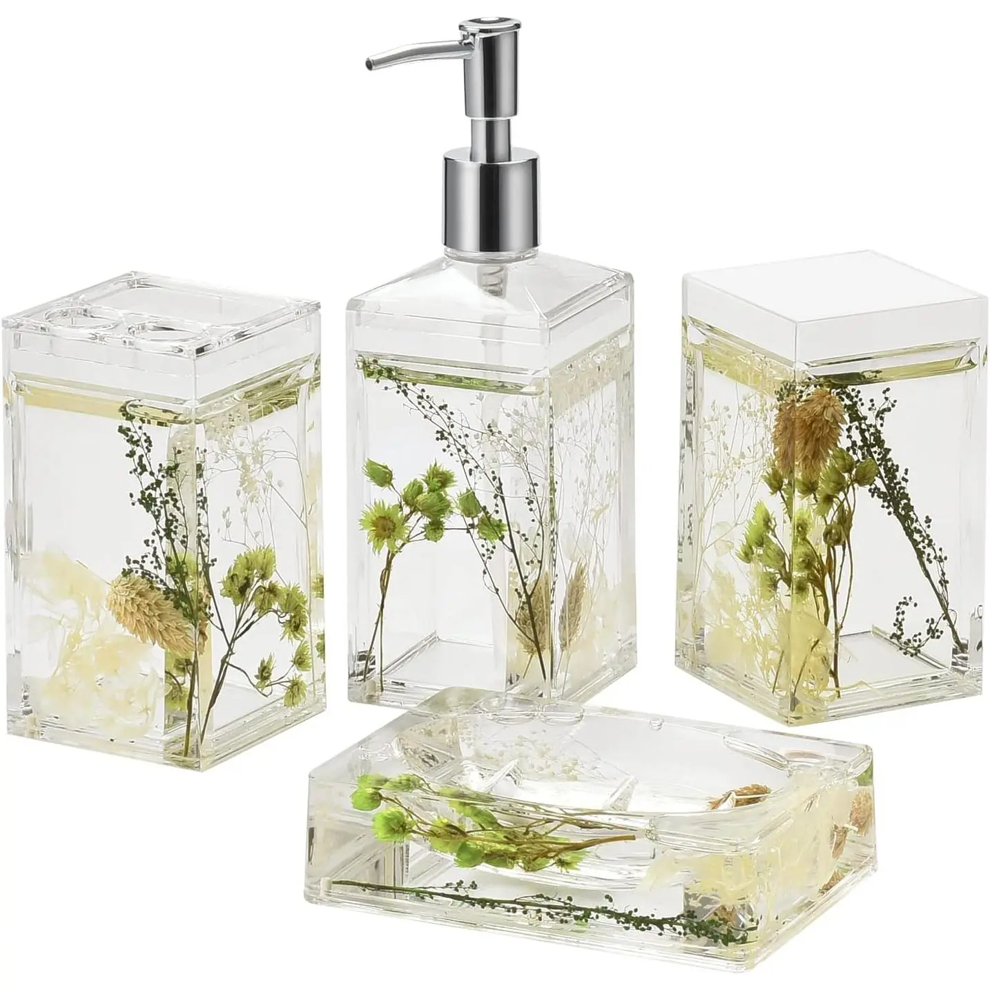 4-Piece Easy Clean Acrylic 4D Floating Motion Bathroom Accessories Set - Garden Look Botanic Green Plants Toothbrush Holder, Tumbler, Soap Dispenser, Soap Dish, Botanical