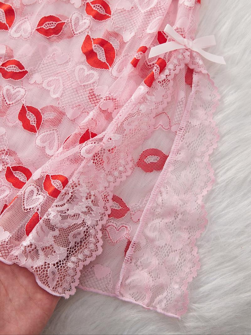Women's Lip Print Lace Trim Cami Nightdress & Thong Sexy Lingerie Set, Comfy Breathable Nightgown & Panty Set, Women's Sleepwear & Loungewear Set, Sleeveless Nightgown