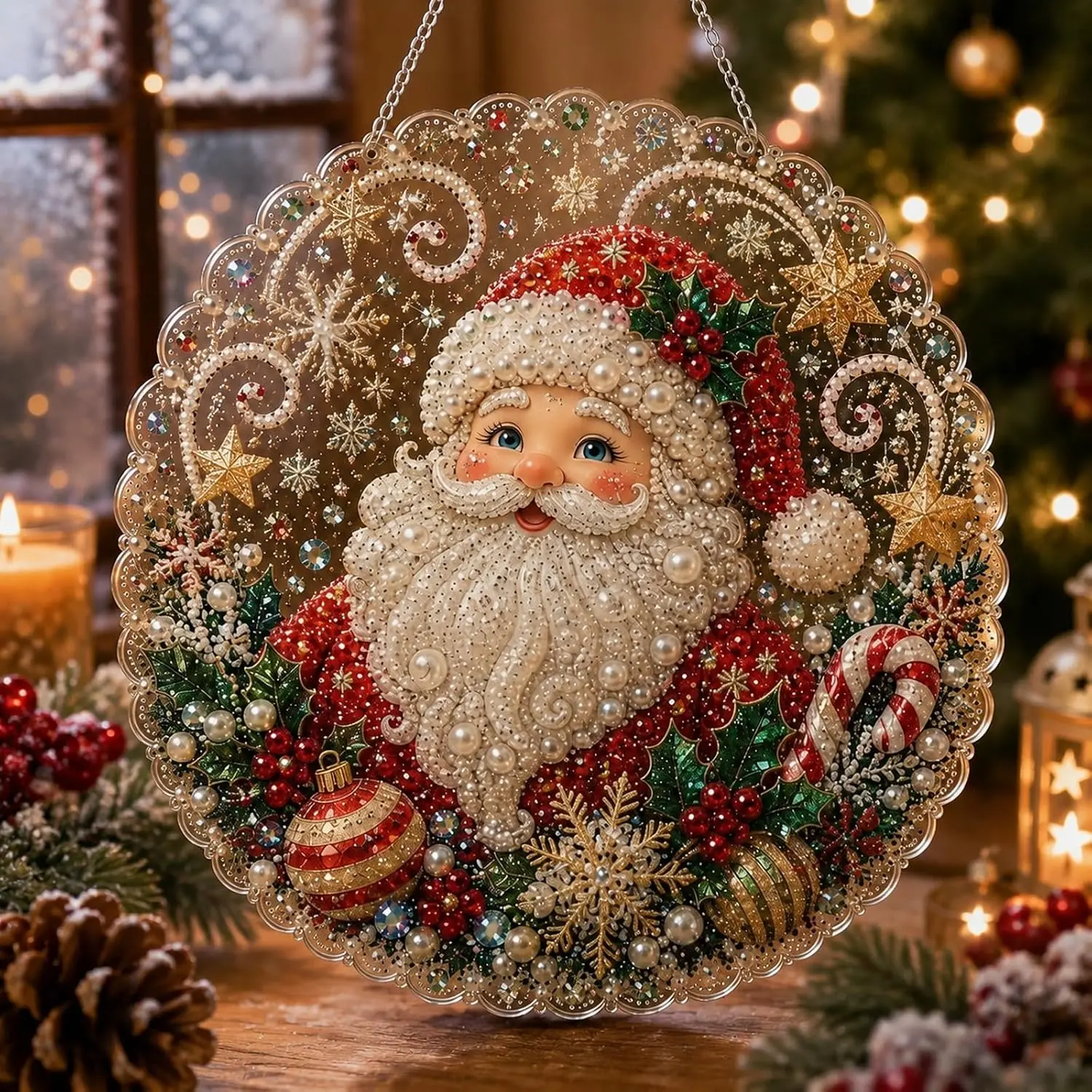 Christmas Pearl Diamond Painting Suncatcher Kit, DIY Craft ( # A, 8in) |   Pre-Assembled Metal Chain, Acrylic Round Board with Lace Edge, 3D Mixed-Sized Pearl Beads Craft, Festive Window Wall Decor