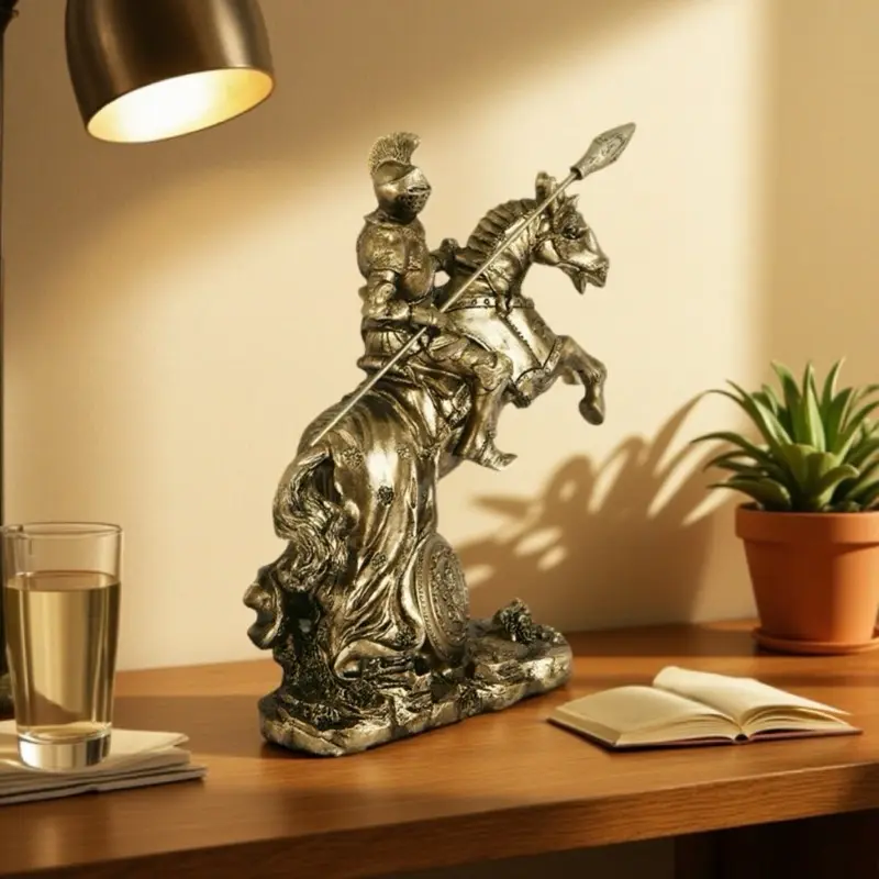 Knight War Horse Armor Statue, Spartan Warrior Holding Spear Resin Sculpture, Vintage Rustic Home Decor, Living Room Desk Ornament, Desktop Statue