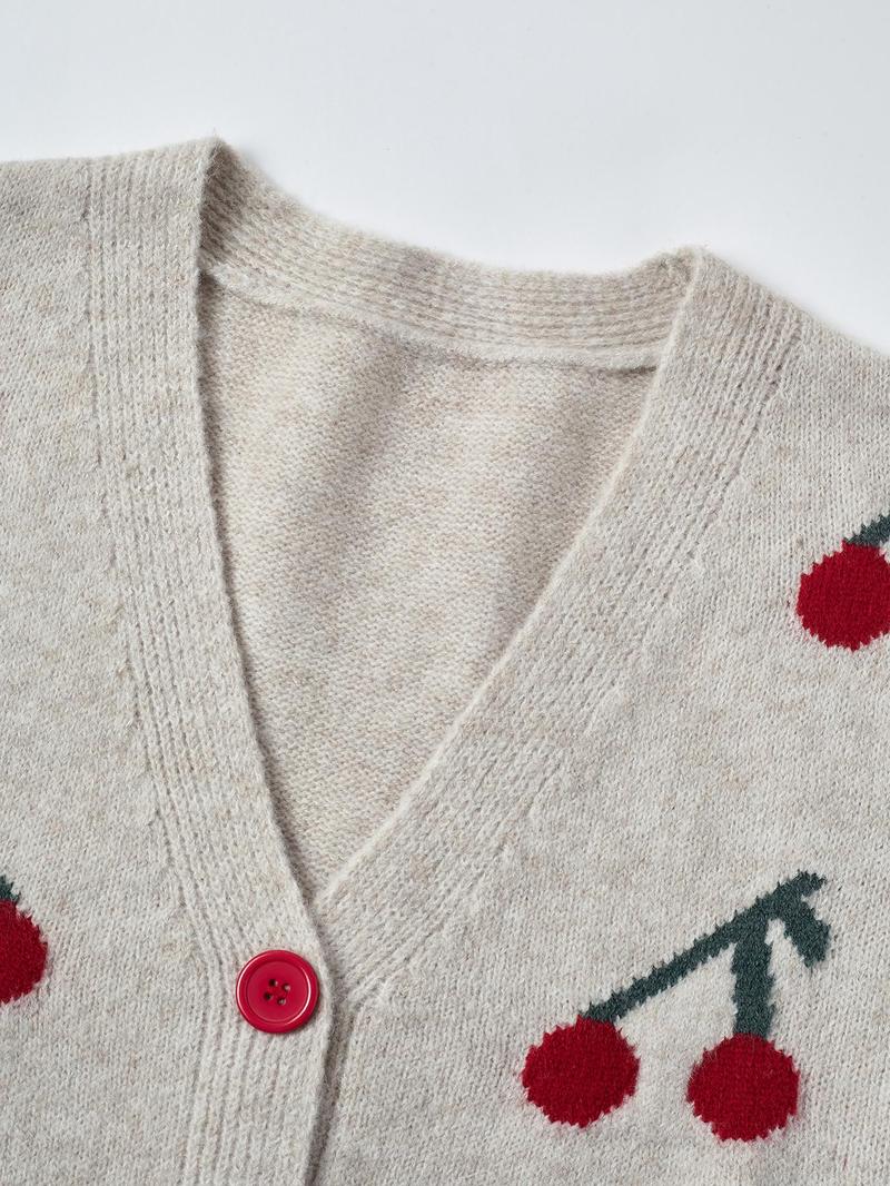 Women's Cherry Pattern Button Front Knitting Longsleeves Cardigans, Casual Elegant Long Sleeve Sweater Cardigan for Fall & Winter, Women's Knit Clothing for Daily Wear, Cardigan for Women, Women's Cardigan, Womenswear, Knitwear,Clothe Knitted Outfit Tops